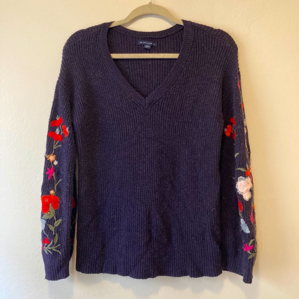 Navy Sweater with Embroidered Sleeves